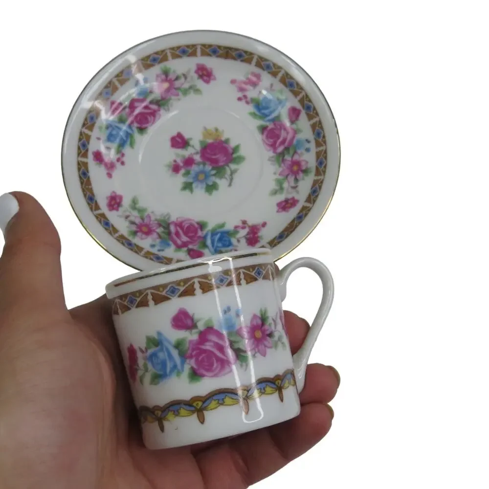 1980s Vintage Floral Teacup & Saucer Set Pink Blue China Decor Cottagecore